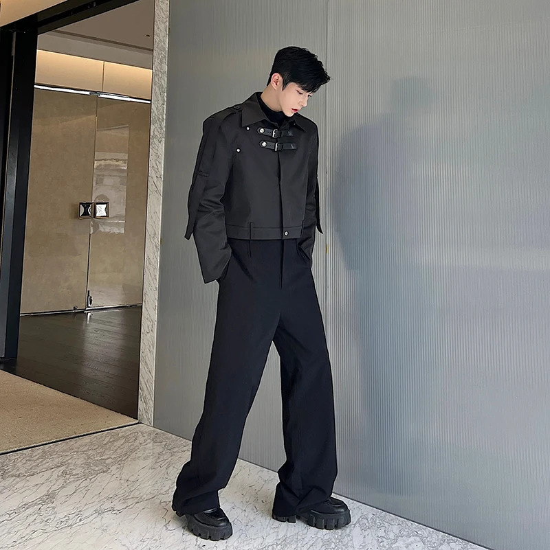 Men's Jackets Fashion Mens Jacket Workwear Leather Buckle Silhouette Streetwear Solid Lapel Long Sleeve Loose Casual Crop Coats 231205