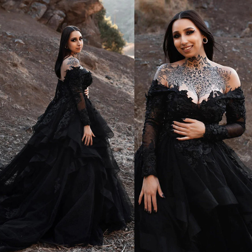 Size Plus Black Wedding Dresses Lace Beaded Sheer V Neck Illusion Long Sleeve Civil Bridal Gown Custom Made Robe De Mariee YD