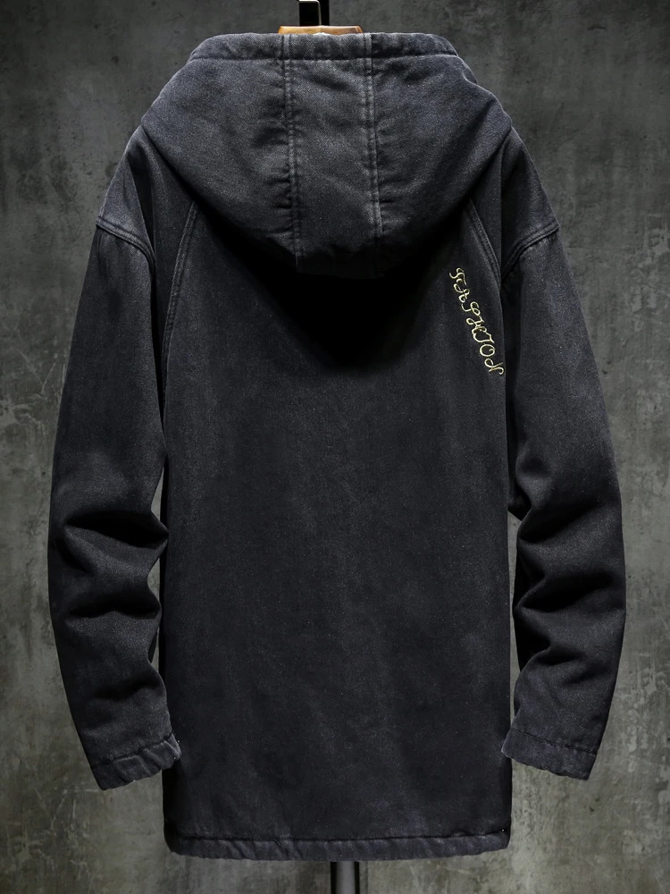 Men's Jackets Winter Mens Thick Warm Faux Fur Lining Mid Long Denim Jacket Hooded Straight Cowboy Coat Casual Streetwear Overcoat Big Size 5XL 23