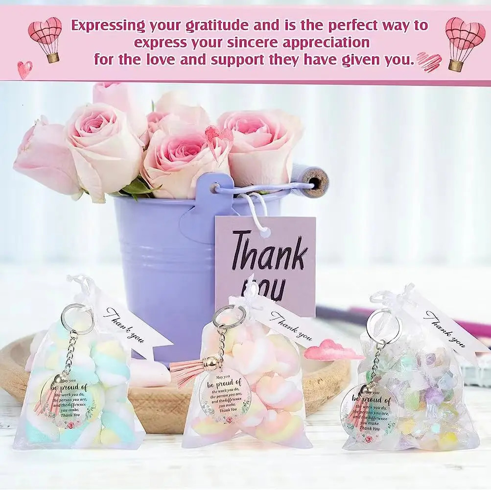 Keychains Lanyards 48set Thank You Gift Inspirational Keychains Acrylic Keychain with Tassels Organza Bags for Teacher Birthday Graduation Gift 231205