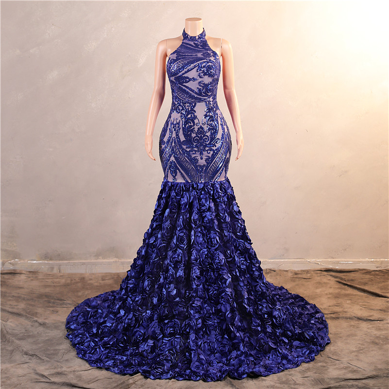 Cascading Ruffles Royal Blue Mermaid Prom Dresses Sequined Lace Flowers Halter Neck Backless Long Women Evening Party Gowns Custom Made BM3507
