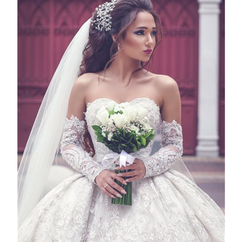 Luxury Satin Lace Ball Gown Wedding Dresses Bridal Gowns Sheer Sweatheart Neck Lace A-line Sequins Plus Size Robe De Mariee Custom Made plus size YD
