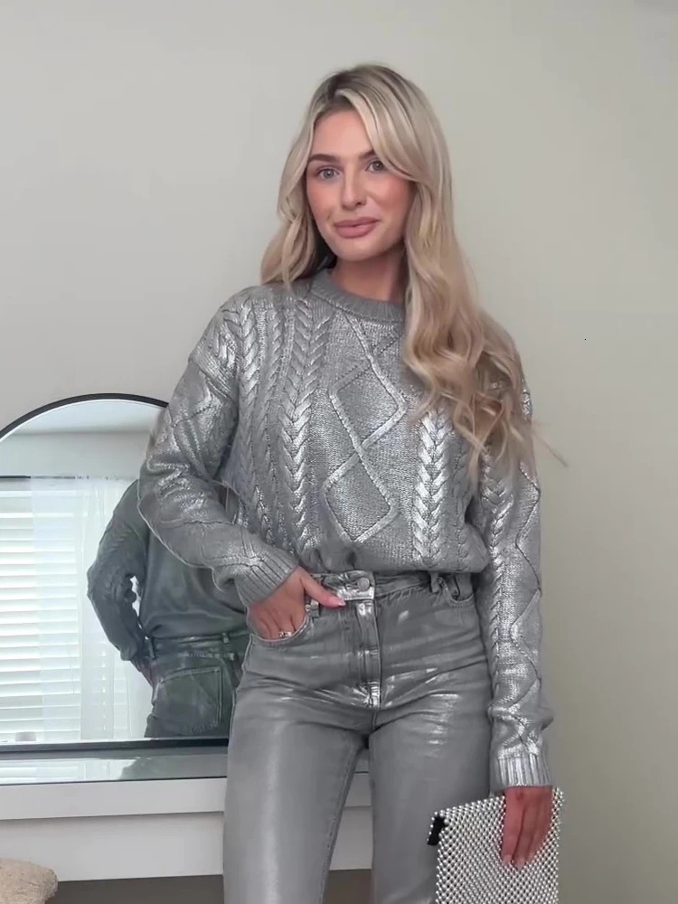 Women s Sweaters Gold Silver Foil Braided Jumper Sweater Women Fashion O neck Rib Knit Pullovers Autumn Winter Office Lady Elegant Party 231206