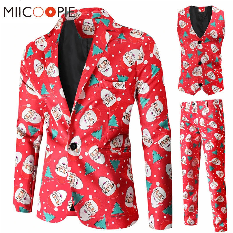 Men's Suits Blazers Men's Goggles Santa Claus Christmas Suit Fashion Three Peices Year Dress Up Costume Homme Blazer Vest Pants Suits Dress 