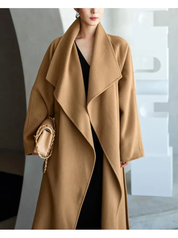 Women's Jackets Big TurnDown Collar Water Ripple Woolen Female 2023 AutumnWinter Loose Adjustable Waist Bathrobe Long Women Wool Coats 231205