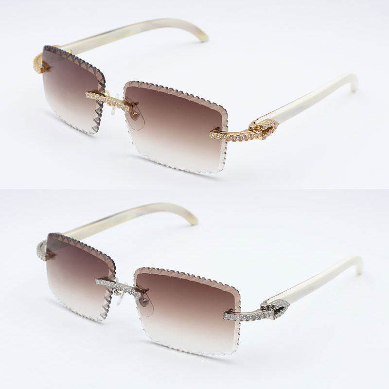 Moissanite Set Rimless Sunglasses Men Big Stones gafas de sol Original White Genuine Natural Horn Glasses Women Designer Dia cut Lens Hot