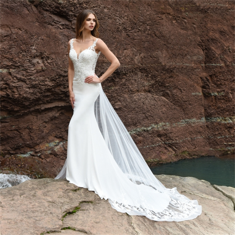 Country Mermaid Wedding Dress With Lace Sexy Backless Satin Beach Bride Dress Sweep Train Garden Overskrit Train Bridal Gowns 2024 Boho Vestido De Mar