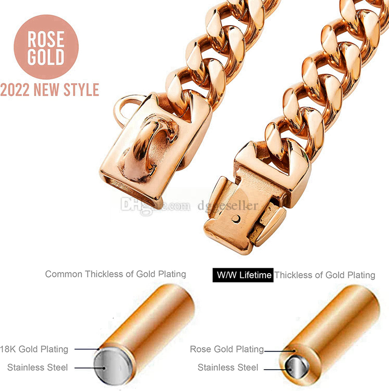 free shipping Rose Gold Dog Collar,Dog Cuban Link Collars,13MM Strong Stainless Steel Links Chain Pets Collar,Metal Walking Collar for Small Medium La