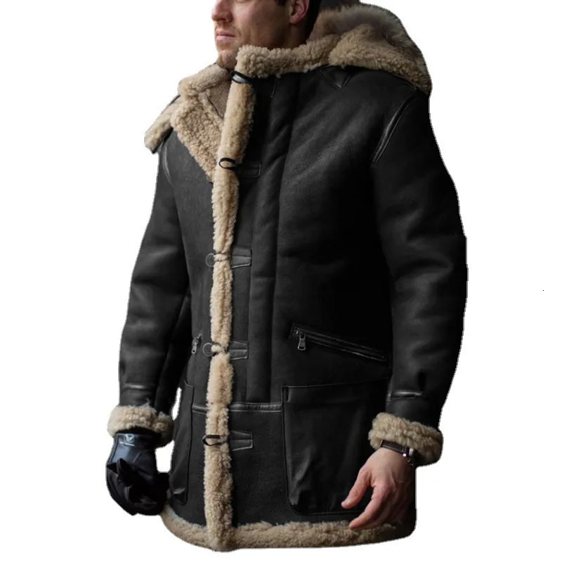 Men's Leather Faux Autumn Winter Hooded Fur Thicken Coat Integrated Plush Warm Jacket Male Single Breasted Solid Causal Outerwear 231205