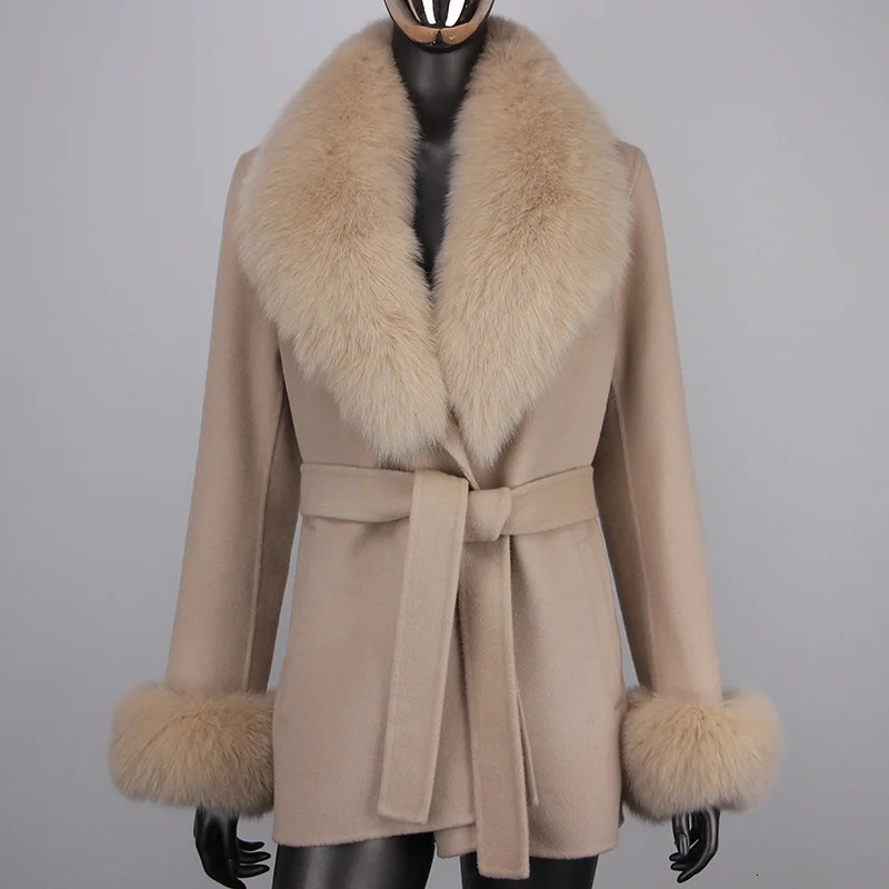 Womens Wool Blends Jackets CXFS Winter Women Cashmere Blended Coat Real Natural Fox Fur Collar Fashion Slim Jacket with Belt Loose Outwear 231206