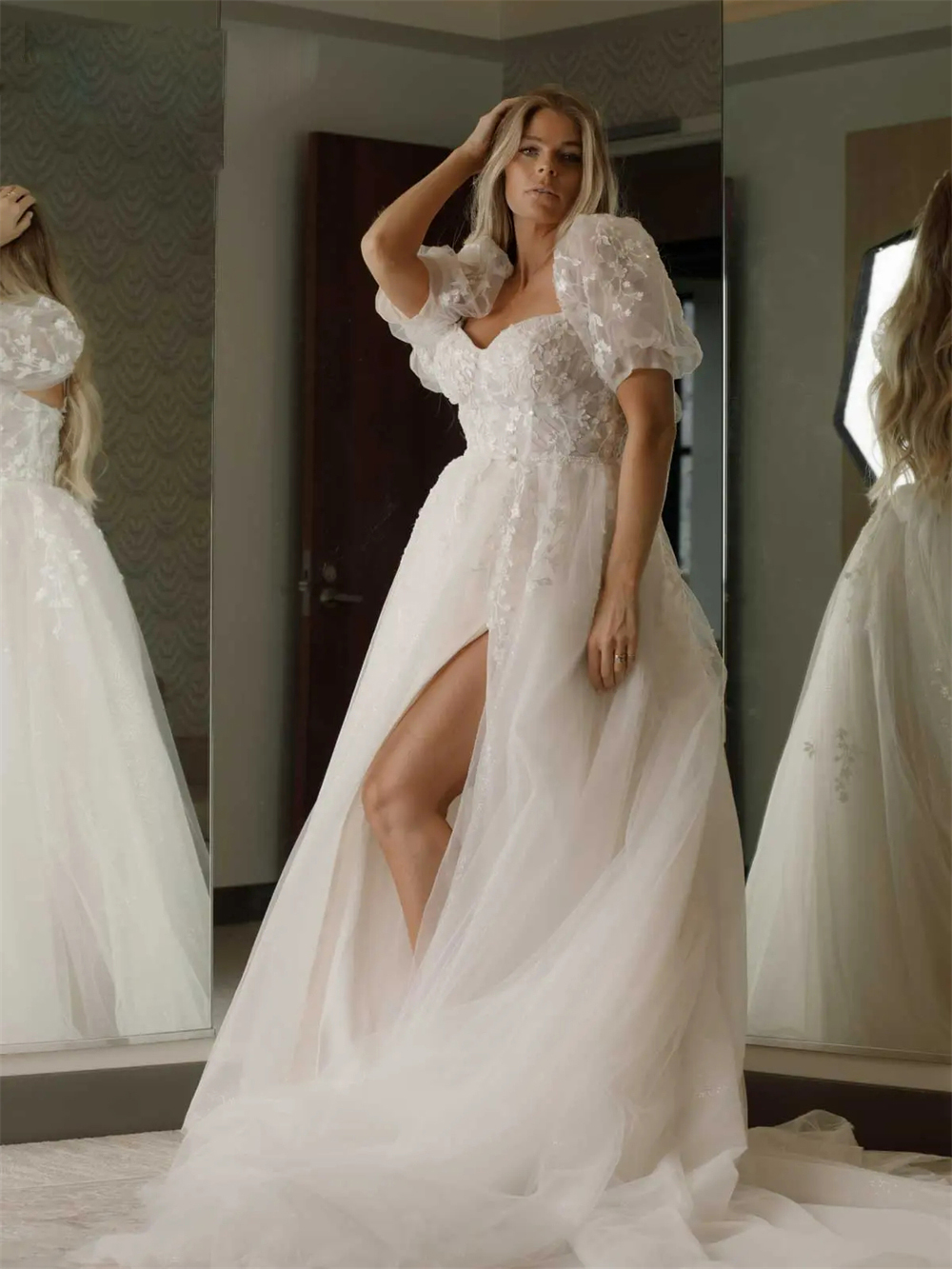 Puff Sleeve Bride Dress A Line Wedding Dresses Lace Appliques Beading Belt Side Split Bohemian Wedding Gown