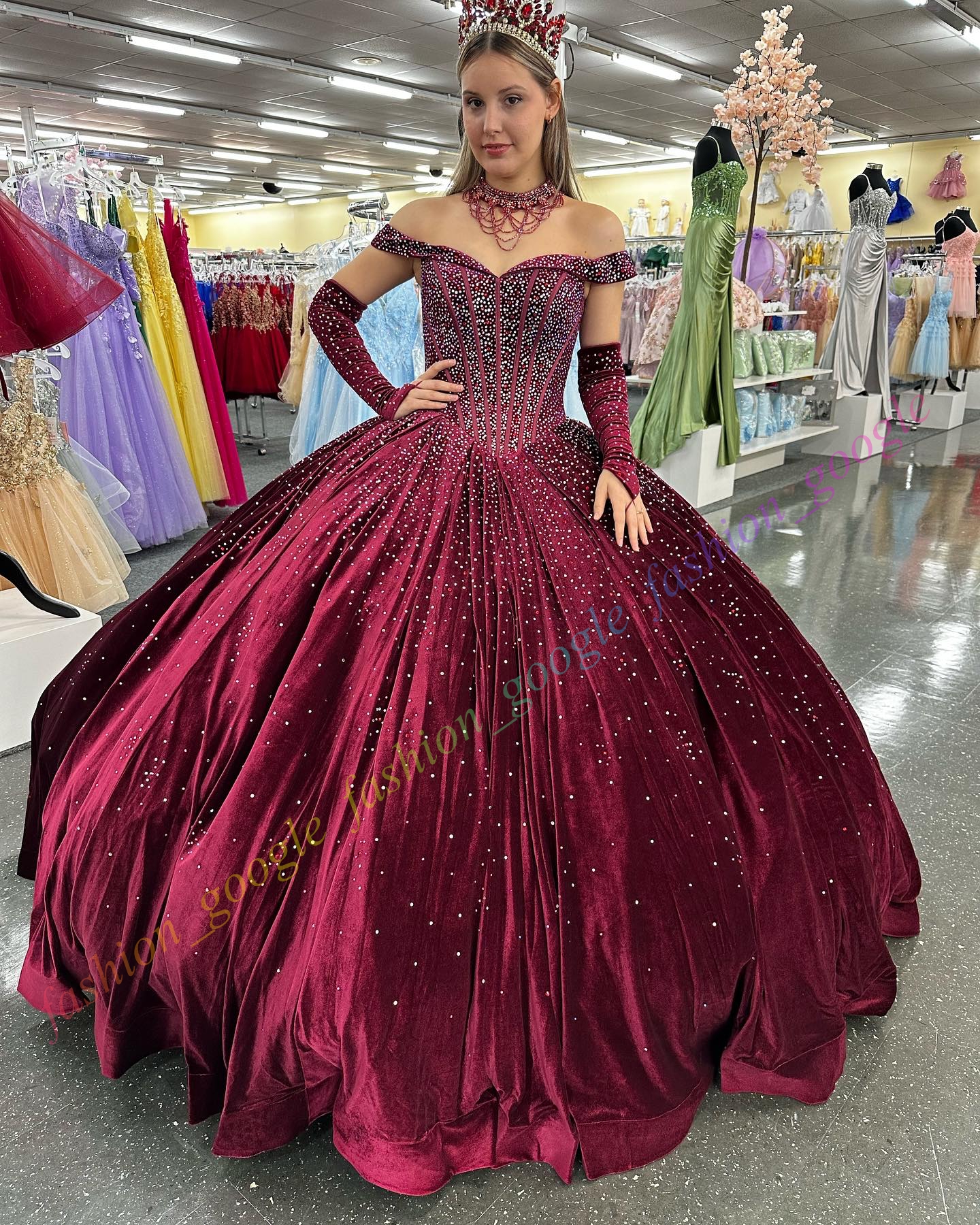 Off-Shoulder Veet Quinceanera Dress Sparkg Stone Ball Mexican Quince Sweet 15/16 Birthday Party Gown for 15th Girl Drama Winter Formal Prom Gala Detac