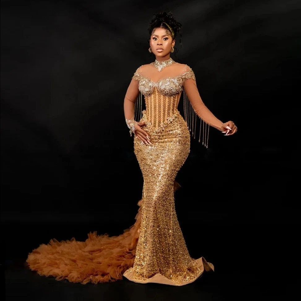 Stunning Gold Beaded Lace African Prom Dresses Sheer Neck Long Sleeve Tassels Mermaid Evening Formal Dress With Tulle Train Gown