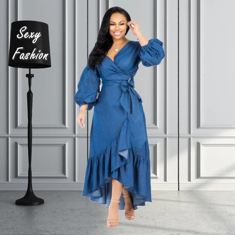 Urban Sexy Dresses WSFEC S2xl Elegant Women'S Long Sleeve Denim Irregular Casual Solid Maxi Dress Female Party Vestidos Wholesale Dropshopping 23