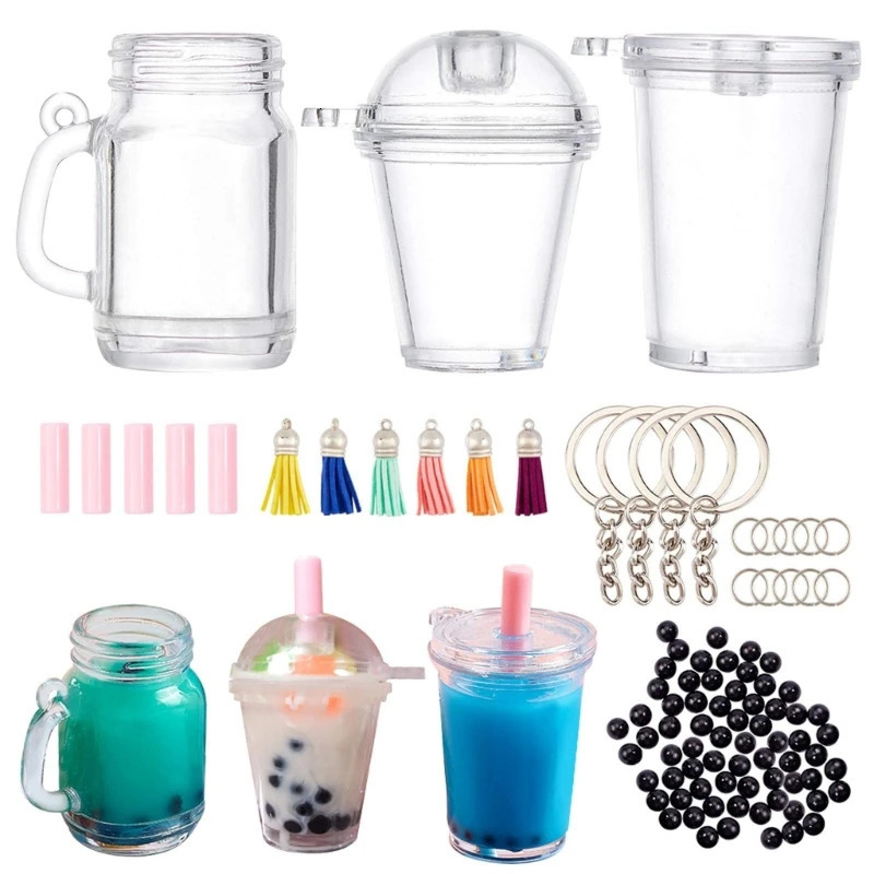 Keychains Lanyards 204Pcs Mini Cup Keychain Kit Bubble Tea Keychain Kit Mini Cup Pendant Charm with Keychain Rings Tassels Bubbles Straws 231205