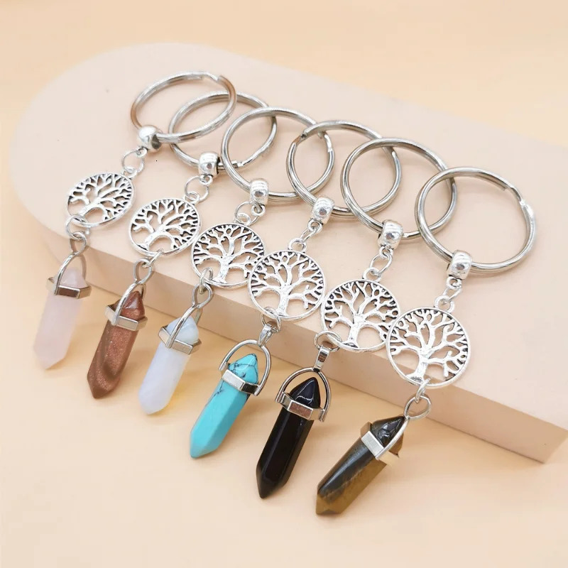 Keychains Lanyards 20pcs Natural Stone Crystal Quartzs Keychain Women Men Handbag Hangle Car Key Holder Raw Mineral Stone KeyRing Jewelry 231205