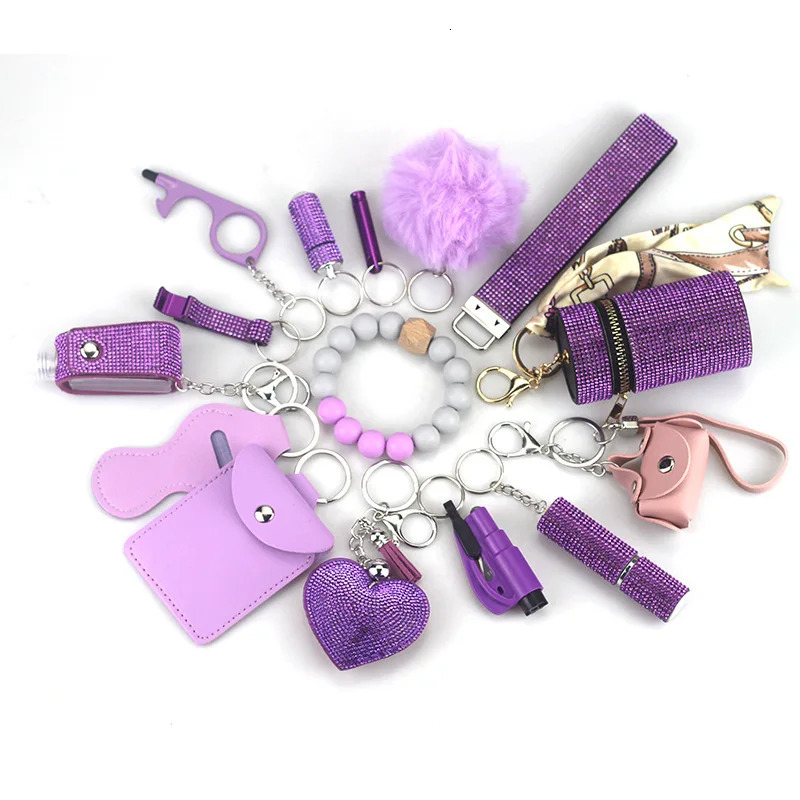 Keychains Lanyards 15pcs Portable Lipstick Masonry Defense Women Outdoor Fur ball pendant Keychain Set Key ring With Cylinder storage bag 231205