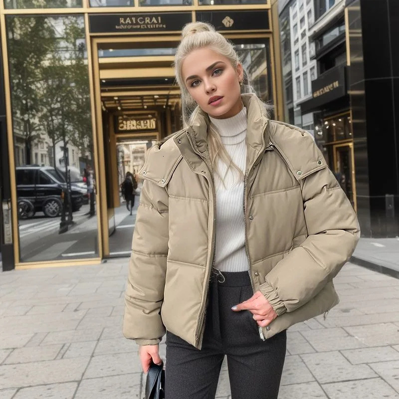 Women's Jackets 2023 Winter All Match Zipper Parka Women Solid Color Full Sleeve Chic Button Jacket Ladies Hooded Short Cotton Down Coat 231205