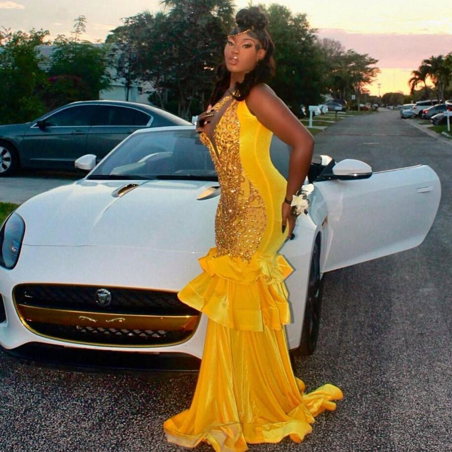 Yellow Mermaid African Evening Formal Dress for Women Luxury Crystal One Shoulder Velvet Birthday Prom Gown robes de gala