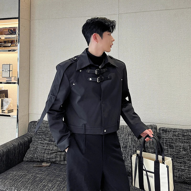 Men's Jackets Fashion Mens Jacket Workwear Leather Buckle Silhouette Streetwear Solid Lapel Long Sleeve Loose Casual Crop Coats 231205