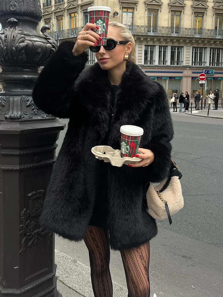 Women's Fur Faux Fashion Solid Thicken Coat For Women Elegant Turn Down Collar Female Warm 2023 Winter Long Sleeves Ladies 231205