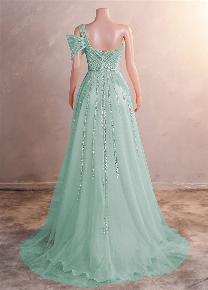 Luxury Beads Sequins Evening Dresses Sexy Side Split One Shoulder Spaghetti Backless Prom Gowns For Women Occasion Wears BM3509