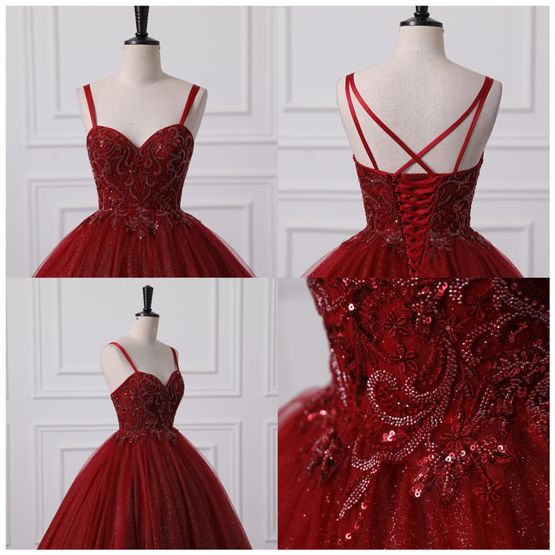 Shiny Burgundy Ball Gown Quinceanera Dresses Sexy Spaghetti Straps Backless Sequins Appliques ong Prom Evening Gowns For Teens BM3505