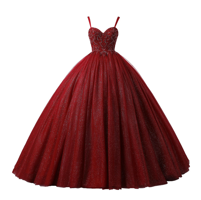 Shiny Burgundy Ball Gown Quinceanera Dresses Sexy Spaghetti Straps Backless Sequins Appliques ong Prom Evening Gowns For Teens BM3505