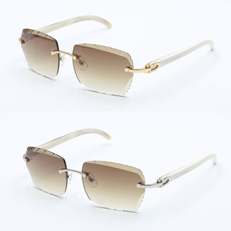 Designer Rimless Diamond cut Lens Sunglasses Lentes de Sol Mujer Original White Genuine Natural Horn glasses Male and Female metal frame Square Lens Eyewear New