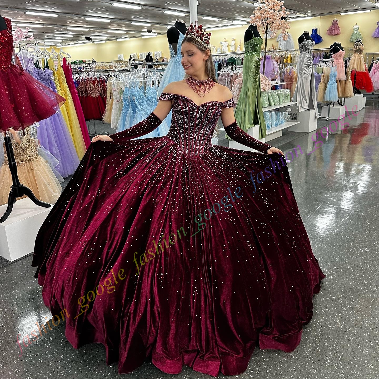 Off-Shoulder Veet Quinceanera Dress Sparkg Stone Ball Mexican Quince Sweet 15/16 Birthday Party Gown for 15th Girl Drama Winter Formal Prom Gala Detac