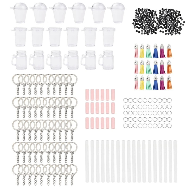 Keychains Lanyards 204Pcs Mini Cup Keychain Kit Bubble Tea Keychain Kit Mini Cup Pendant Charm with Keychain Rings Tassels Bubbles Straws 231205
