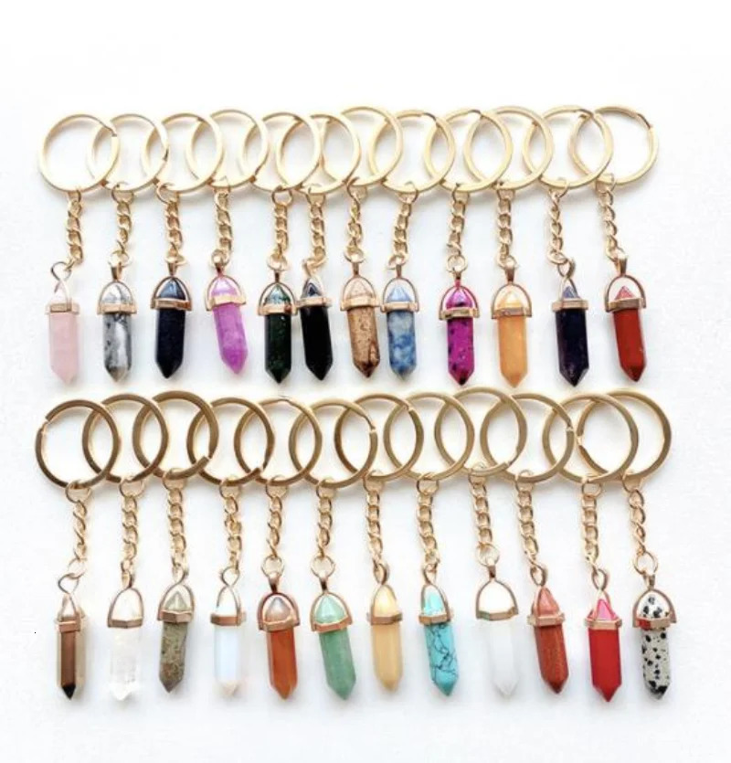 Keychains Lanyards 20pcs Natural Stone Crystal Quartzs Keychain Women Men Handbag Hangle Car Key Holder Raw Mineral Stone KeyRing Jewelry 231205