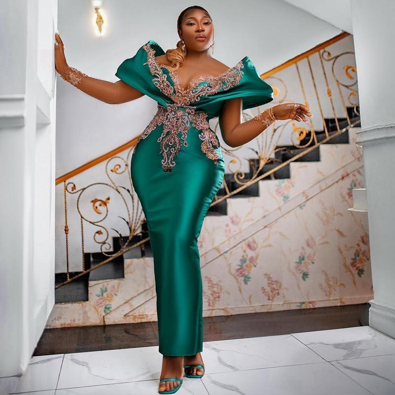 Emerald Green Aso Ebi Prom Mermaid Long Sleeves Lace Rehies Evening Dresses African Arabic Pageant Gowns Birthday Party Gown for Black Women AM092