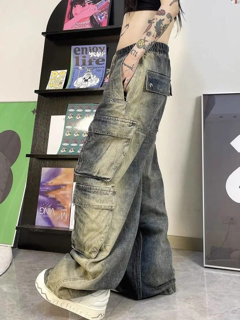 Women s Jeans High Waist Slouchy Cargo Pants Y2k Baggy Women Men Retro Hip Hop Multi Pocket Denim Trousers Loose American Streetwear 231206