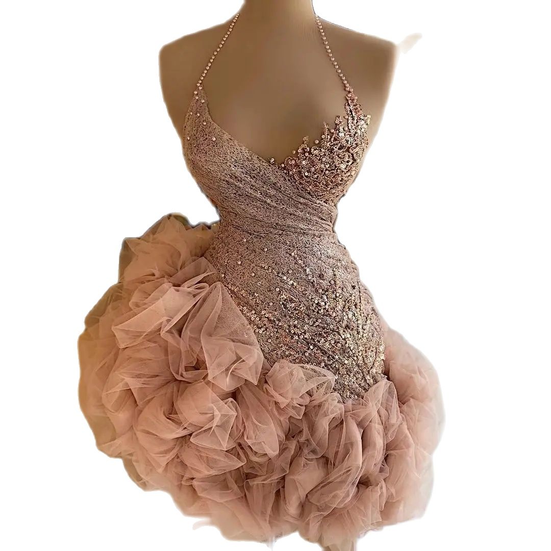 Dusty Pink Ruffles Short tail Mini Prom Dress Beading Halter Lace Sequins Party Robes Junior Bridesmaid Dresses