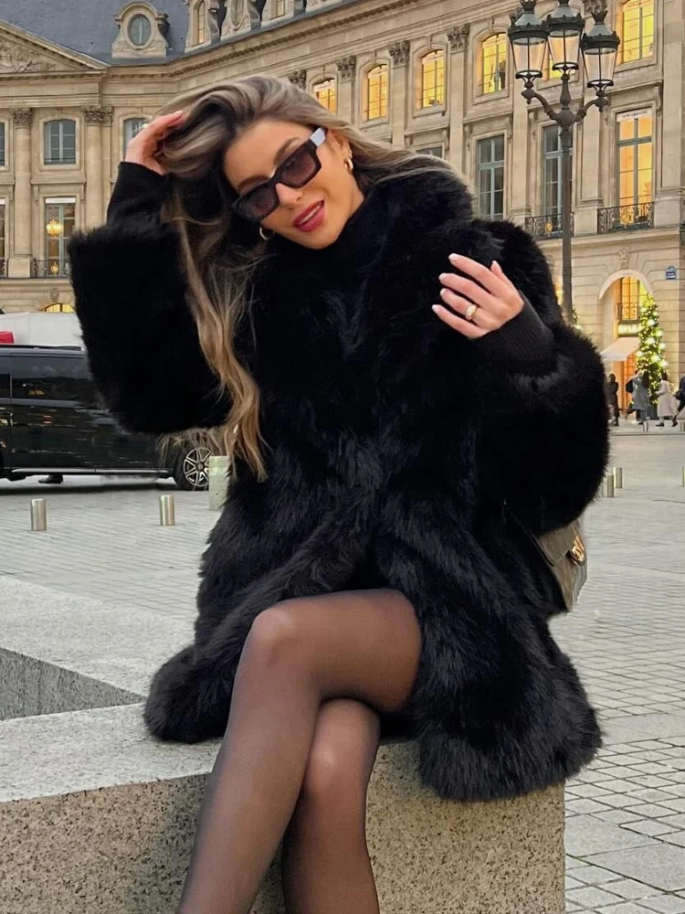 Women's Fur Faux Fashion Solid Thicken Coat For Women Elegant Turn Down Collar Female Warm 2023 Winter Long Sleeves Ladies 231205