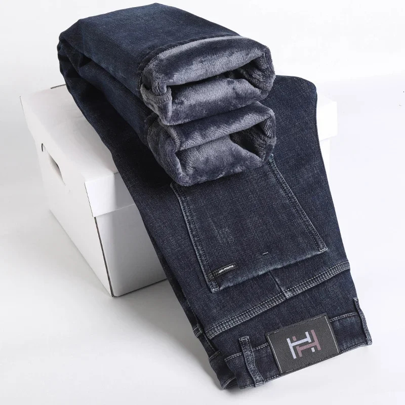 Womens Jeans Straight Elastic Fleece Mens Clothing Winter Thick Warm Casual Slim Fashion Male Retro Denim Trousers 231206