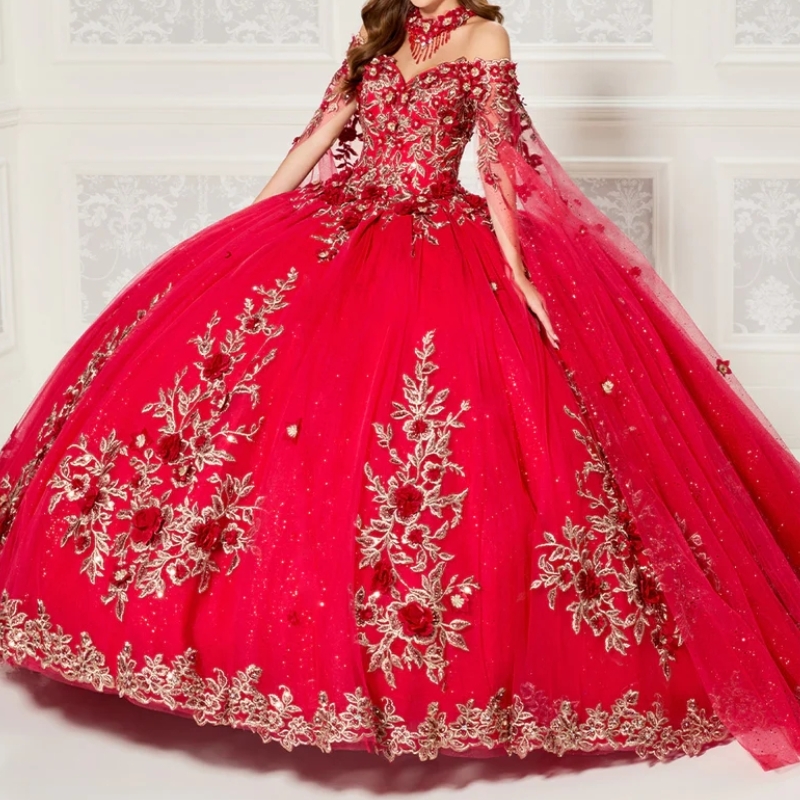Red Shiny Quinceanera Dresses Applique Lace With Cape Tulle Ball Gown Corset Back Prom Party Sweet 16 Pageant Gowns Vestidos De 15 Anos