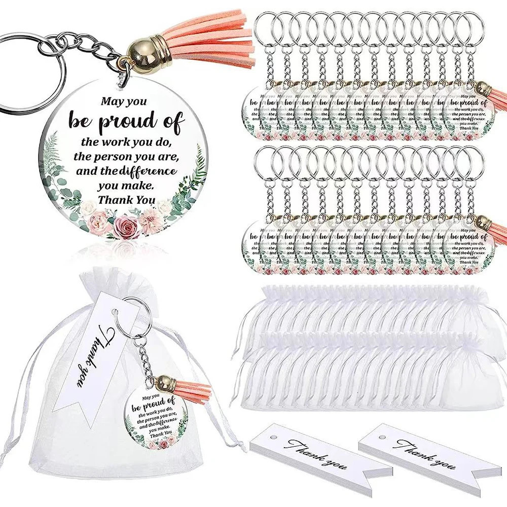 Keychains Lanyards 48set Thank You Gift Inspirational Keychains Acrylic Keychain with Tassels Organza Bags for Teacher Birthday Graduation Gift 231205