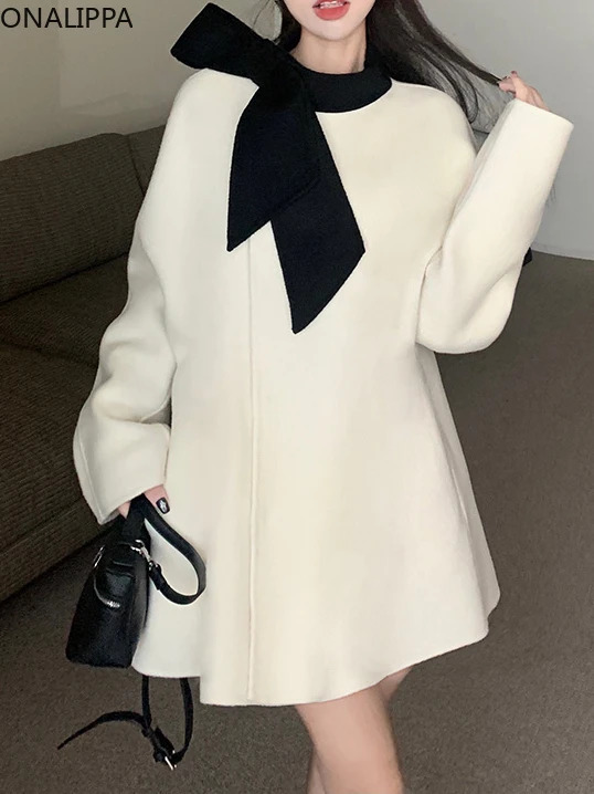Women's Wool Blends Onalippa Bow Coat Women Twoside Single Breasted Loose Trench French Style All Match Midlength Winter Jacket 231206