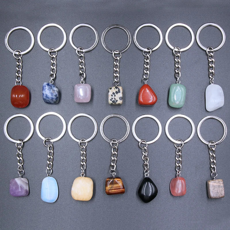 Keychains Lanyards 20pcs Natural Stone Crystal Quartzs Keychain Women Men Handbag Hangle Car Key Holder Raw Mineral Stone KeyRing Jewelry 231205
