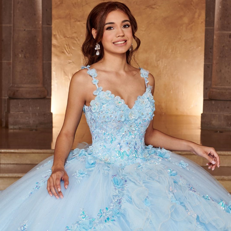 Sky Blue Shiny Princess Quinceanera Dress Lace Applique Flower Beaded With Cape Mexico Sweet 16 Vestidos De XV 15 Anos