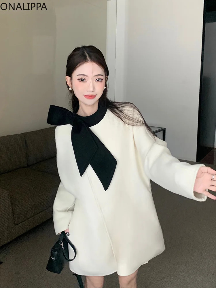 Women's Wool Blends Onalippa Bow Coat Women Twoside Single Breasted Loose Trench French Style All Match Midlength Winter Jacket 231206