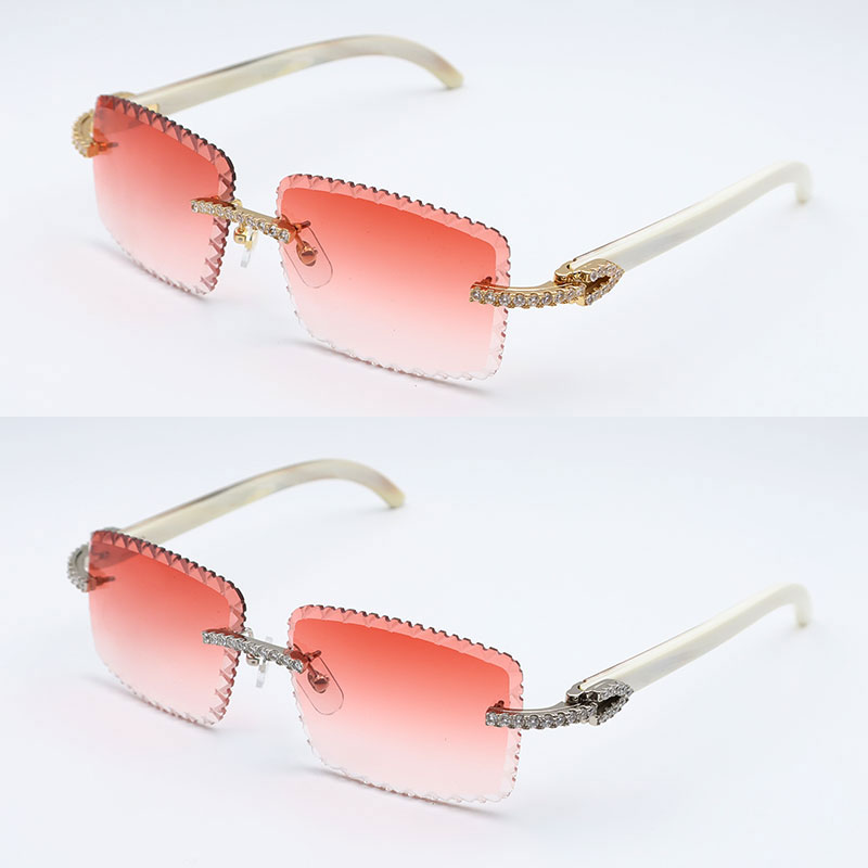 Moissanite Set Rimless Sunglasses Men Big Stones gafas de sol Original White Genuine Natural Horn Glasses Women Designer Dia cut Lens Hot