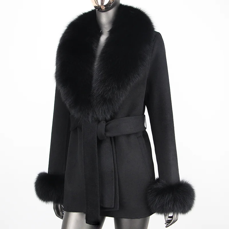 Womens Wool Blends Jackets CXFS Winter Women Cashmere Blended Coat Real Natural Fox Fur Collar Fashion Slim Jacket with Belt Loose Outwear 231206