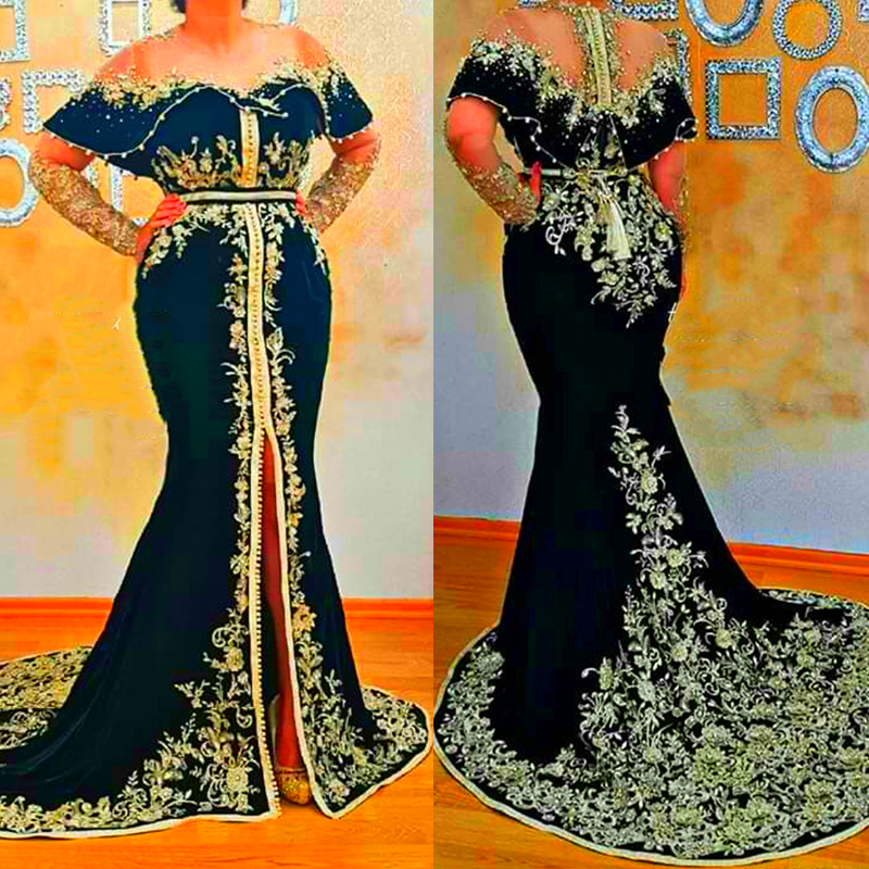 Elegant Black Velvet Mermaid Evening Dresses For Women 2024 Long Sleeves Beaded Gold Lace Appliques Luxury Arabic Dubai kaftan Formal Occasion Gowns C