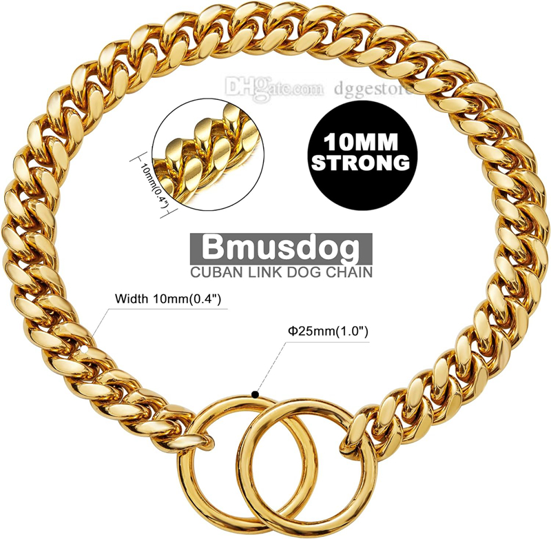 Gold 10MM Cuban k Dog Stainless Steel Metal Silp Chain Collar Heavy Duty Chew Proof Walking (10") 5 Color Wholesale B210
