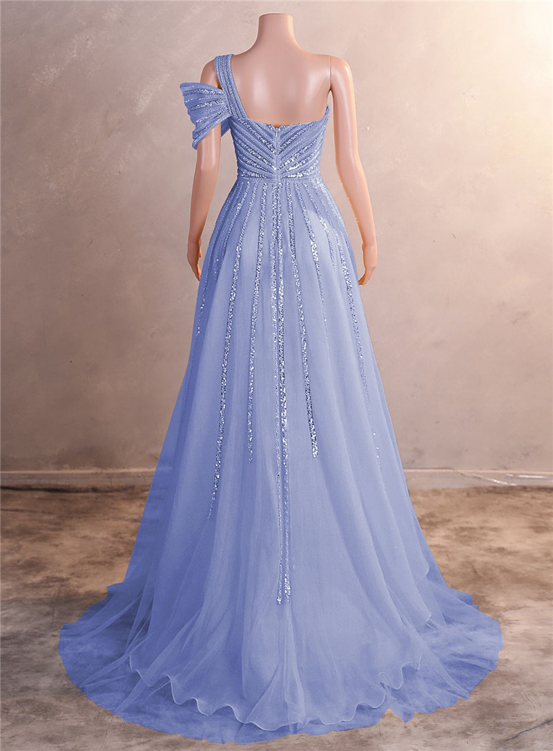 Luxury Beads Sequins Evening Dresses Sexy Side Split One Shoulder Spaghetti Backless Prom Gowns For Women Occasion Wears BM3509