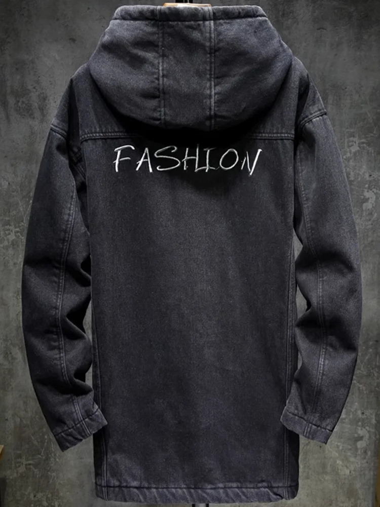 Men's Jackets Winter Mens Thick Warm Faux Fur Lining Mid Long Denim Jacket Hooded Straight Cowboy Coat Casual Streetwear Overcoat Big Size 5XL 23