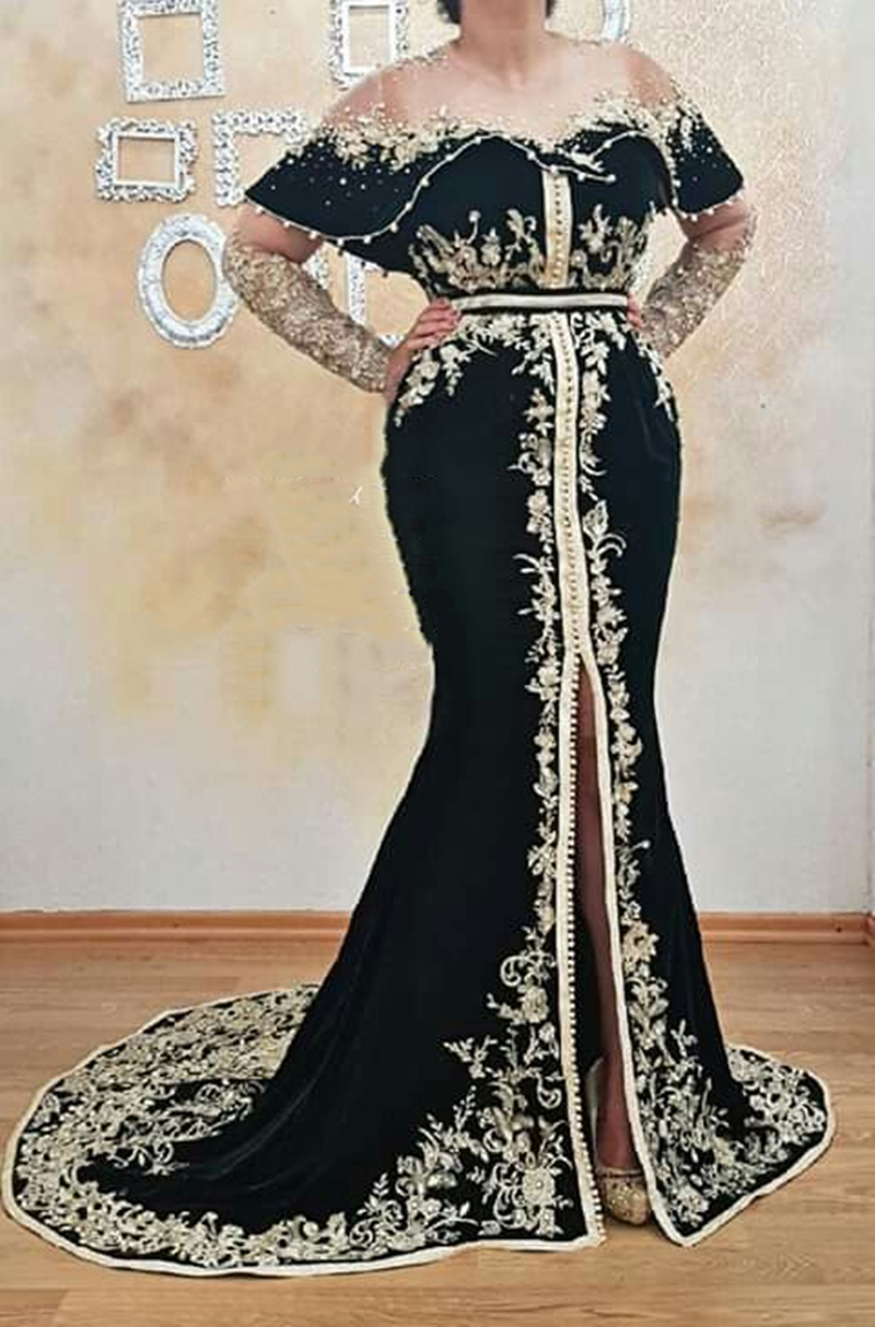 Elegant Black Velvet Mermaid Evening Dresses For Women 2024 Long Sleeves Beaded Gold Lace Appliques Luxury Arabic Dubai kaftan Formal Occasion Gowns C